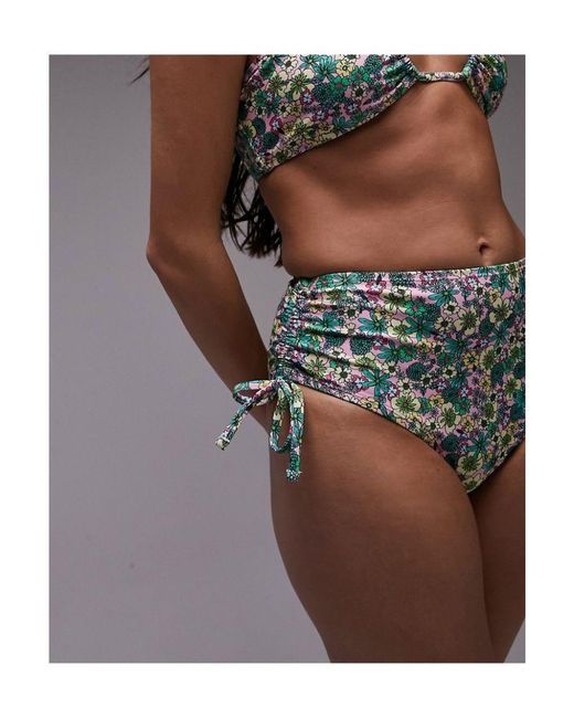 TOPSHOP Brown Mix And Match Ditsy Floral Ruche Side High Waist Bikini Bottoms