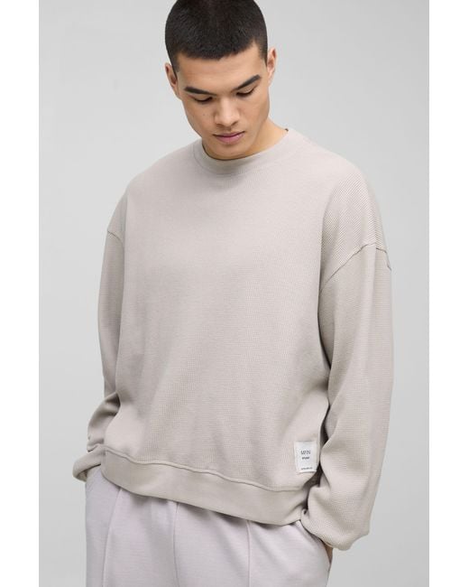 BoohooMAN Gray Extended Neck Boxy Woven Tab Waffle Sweatshirt for men