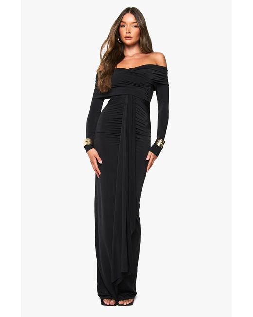 Boohoo Black Ruched Bardot Long Sleeve Maxi Dress