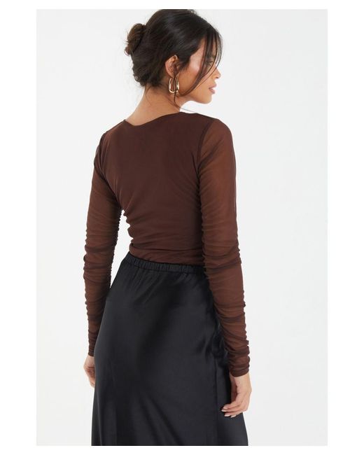 Quiz Brown Mesh Ruched Top