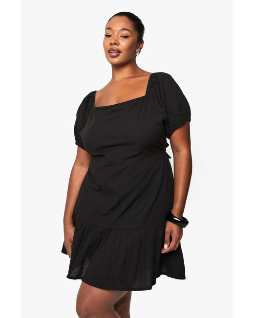 Boohoo Black Plus Linen Puff Sleeve Mini Skater Dress