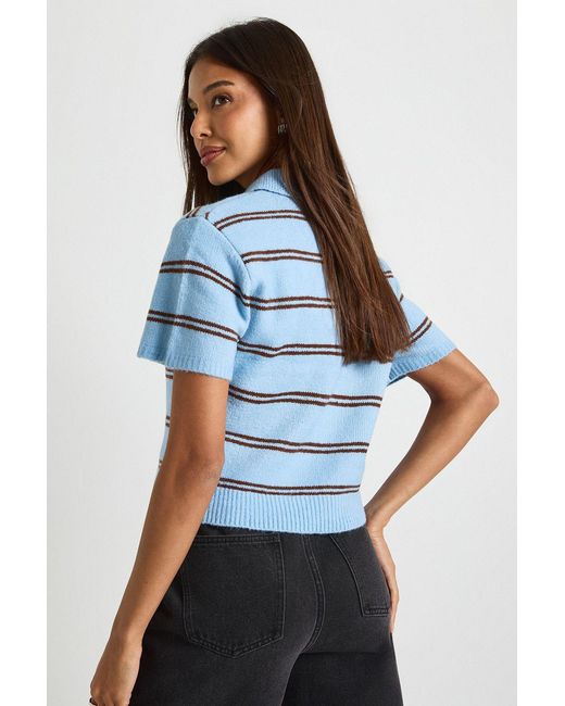 Boohoo Blue Stripe Collared Oversized Knitted Top