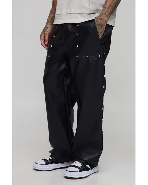 BoohooMAN Black Tall Studded Leather Look Drawcord Relaxed Carpenter Trousers for men