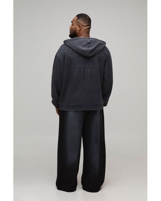 BoohooMAN Blue Plus Oversized Boxy Exclusive Slogan Gothic V Neck Raw Hem Printed Washed Hoodie for men