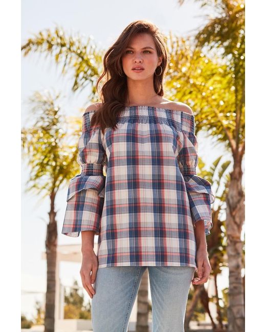 Sosandar Blue Checked Bardot Top