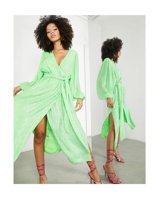 ASOS Green Crystal Sequin Wrap Midi Dress With Blouson Sleeve