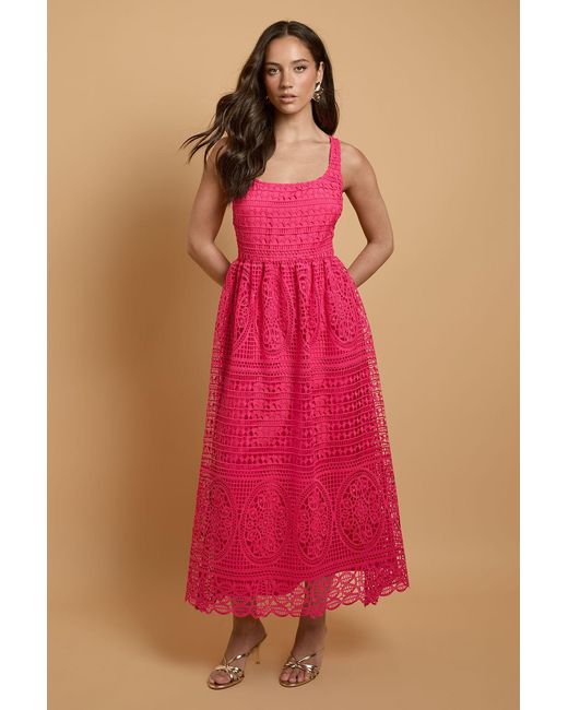 Oasis Red Premium Square Neck Lace Midi Dress