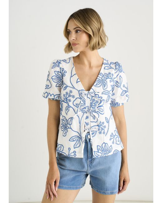 Gini London Blue Textured Floral Print Tie Front Top
