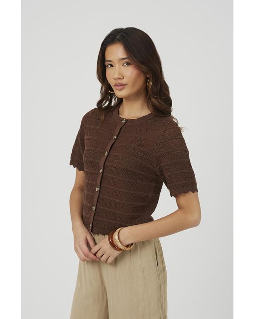 Brave Soul Brown Short Sleeve Stitch Detail Crew Neck Cardigan