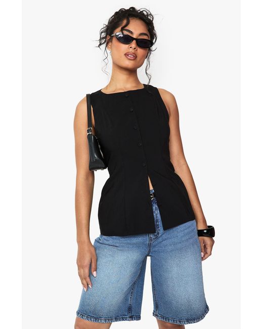 Boohoo Blue Bengaline Button Through Longline Waistcoat