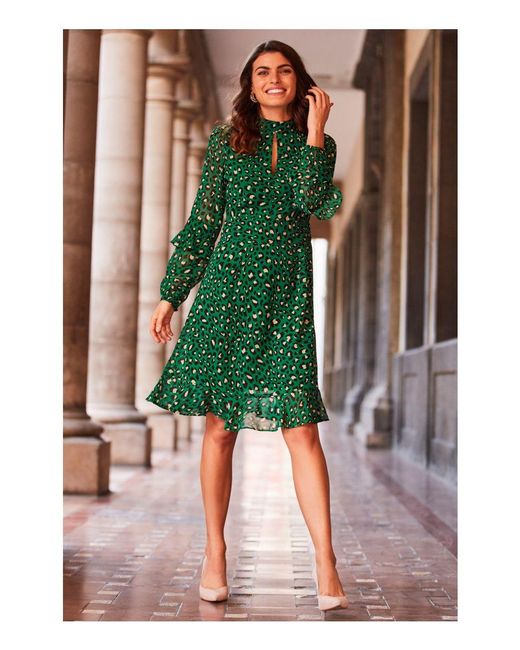 Sosandar Green Leopard Print Fit & Flare Ruffle Dress