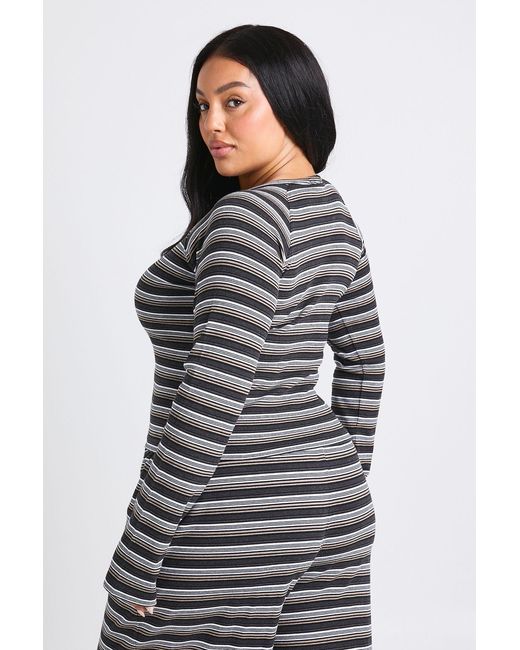 Boohoo Gray Plus Stripe Button Down Long Sleeve Top