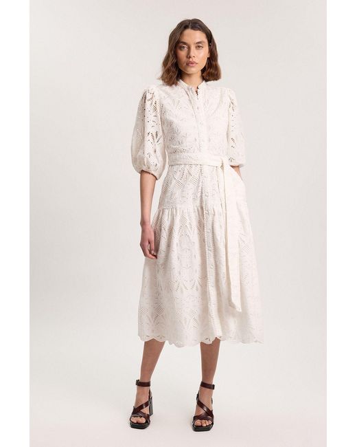 Karen Millen Natural Scalloped Hem Broderie Midi Shirt Dress