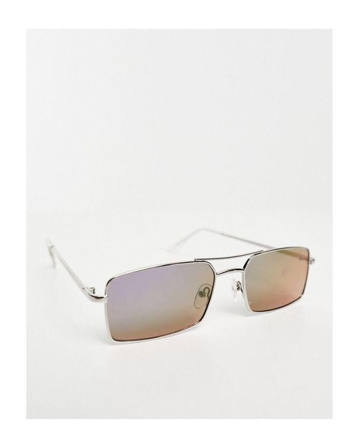 ASOS Blue Slim Square Aviator Sunglasses With Lilac Mirror Lens