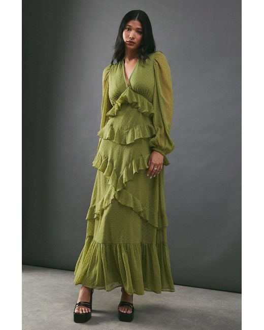 Warehouse Green Chiffon Plunge Neck Ruffle Detail Volume Sleeve Maxi Dress
