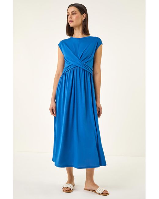 Roman Blue Crossover Front Stretch Midi Dress