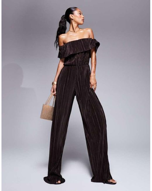 ASOS Brown Plisse Bardot Wide Leg Jumpsuit
