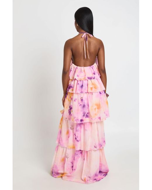 Boohoo Pink Chiffon Floral Tiered Halterneck Maxi Dress