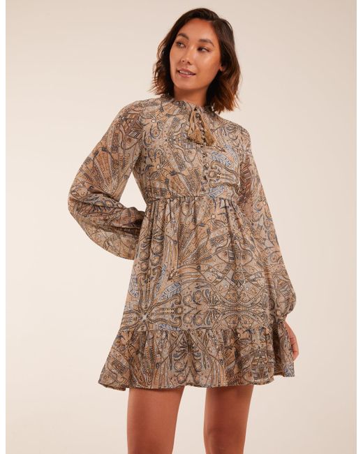 Blue Vanilla Brown Button Through Tassel Peasant Mini Dress