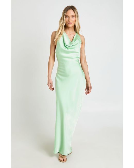 Boohoo Green Petite Drape Back Satin Maxi Dress