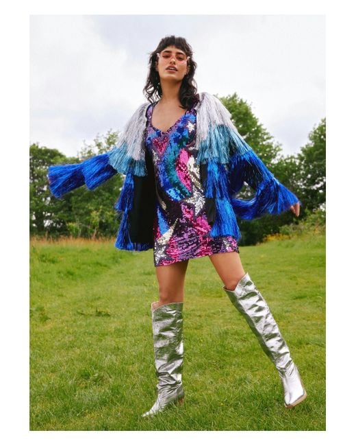 Nasty Gal Blue Metallic Tiered Tinsel Fringe Open Front Jacket