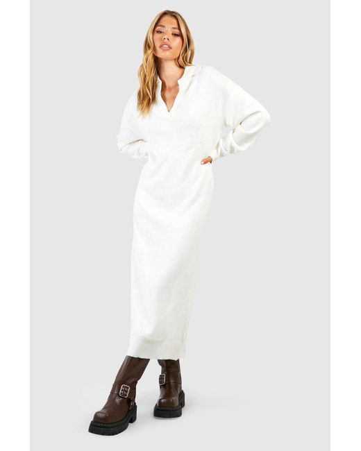 Boohoo White V Neck Collared Knitted Midi Dress