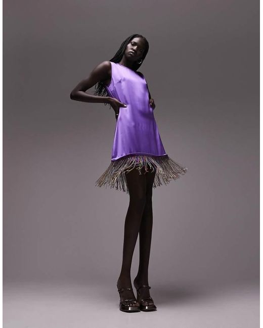TOPSHOP Purple Coloured Embellished Fringe Mini Dress