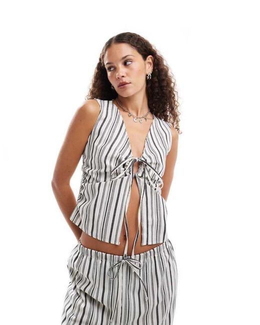 Collusion White Stripe Woven Look Shirred Tank Top With Tie Side Co-Ord