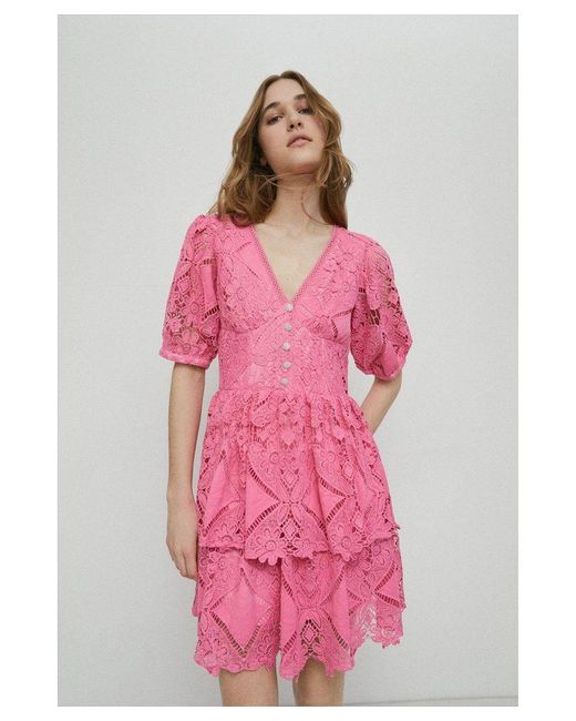 Warehouse Pink Lace V Neck Mini Dress