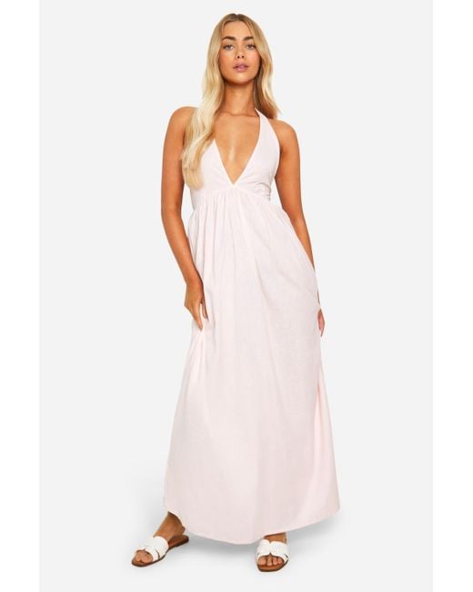 Boohoo Pink Halterneck Linen Look Double Strap Maxi Dress