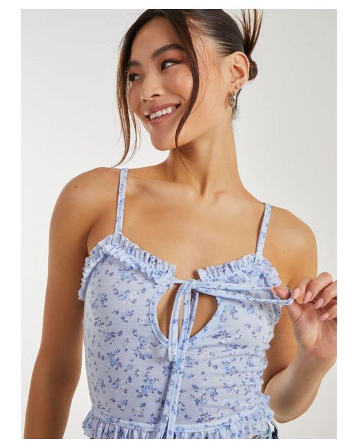 Pink Vanilla Blue Ditsy Floral Cut Out Strappy Crop Top