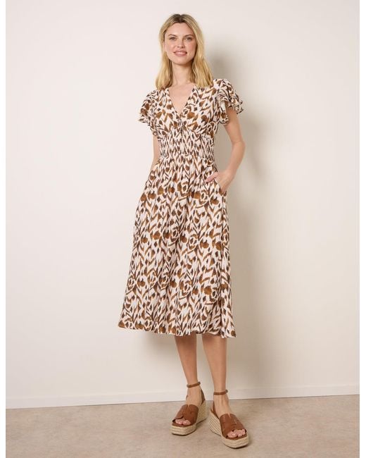 Blue Vanilla Natural Printed V Neck Frill Sleeve Midi Dress