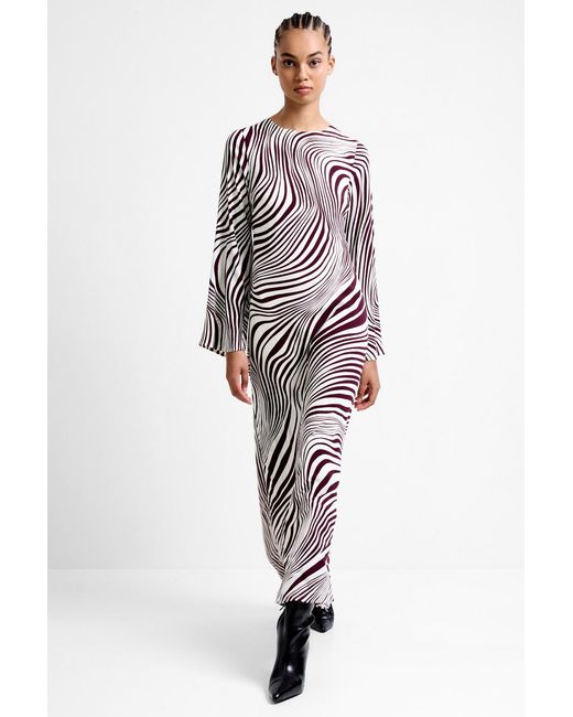 French Connection Red Wave Print Long Sleeve Round Neck Midi Dress