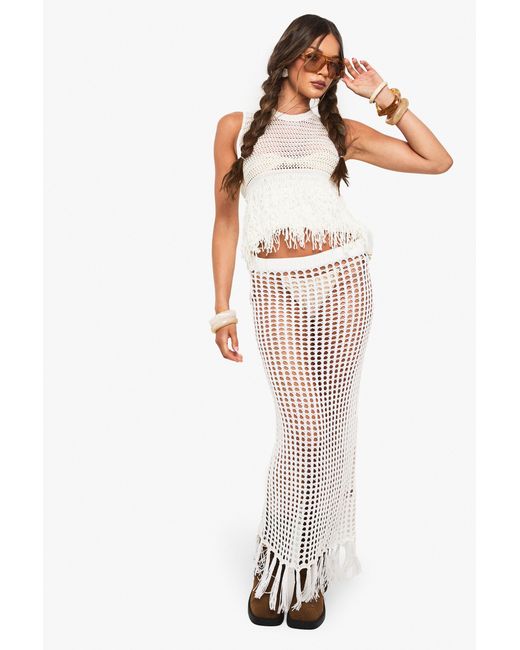 Boohoo Natural Tassel Trim Crochet Skirt