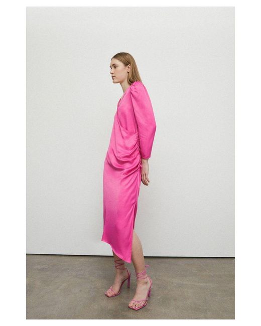 Warehouse Pink Satin Long Sleeve Wrap Midi Slip Dress
