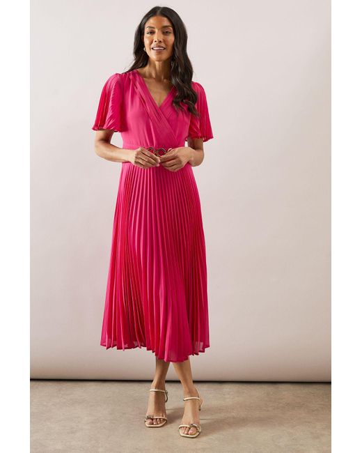 Wallis Pink Pleated Buckle Midi Dress