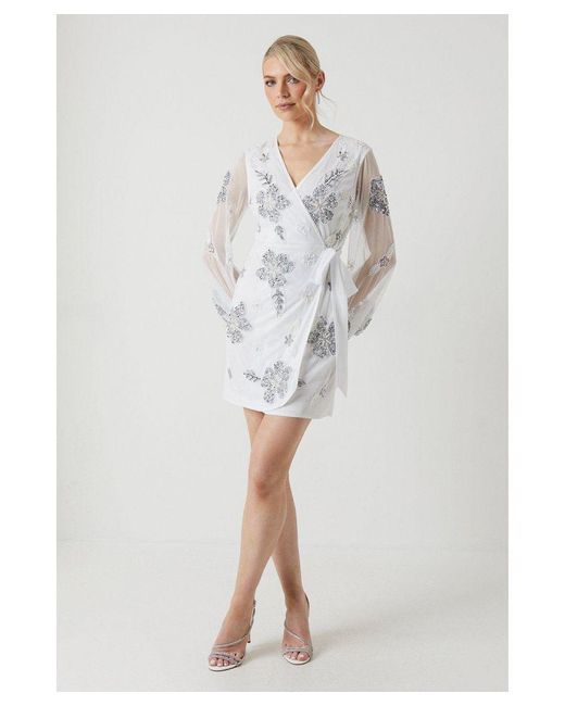 Coast White Floral Embellished Wrap Bridal Mini Dress