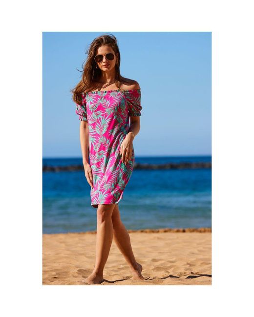 Sosandar Blue Palm Print Bardot Shirred Detail Shift Jersey Dress