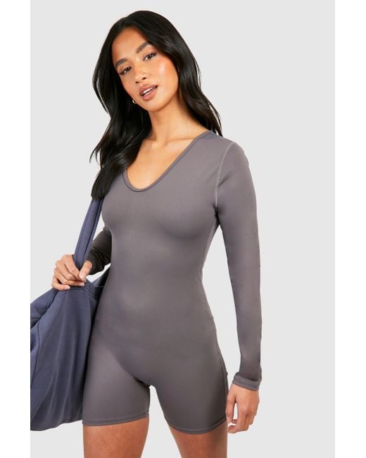 Boohoo Gray Petite Super Soft Peached Long Sleeve Unitard