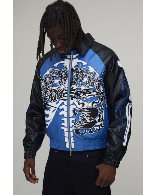 BoohooMAN Blue Boxy Fit Euphoric Graphic Skeleton Pu Applique Varsity Jacket for men