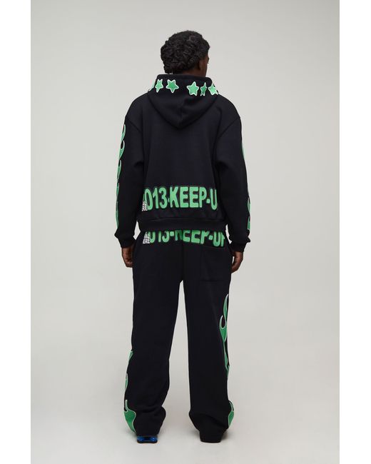 BoohooMAN Blue Oversized Boxy Flame Star Slogan Puff Print Hooded Tracksuit for men