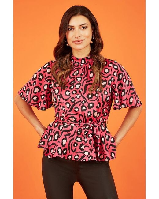 Mela London Red Animal Print Belted High Neck Top
