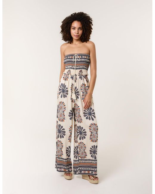 Blue Vanilla White Strapless Elasticated Printed Jumpsuit