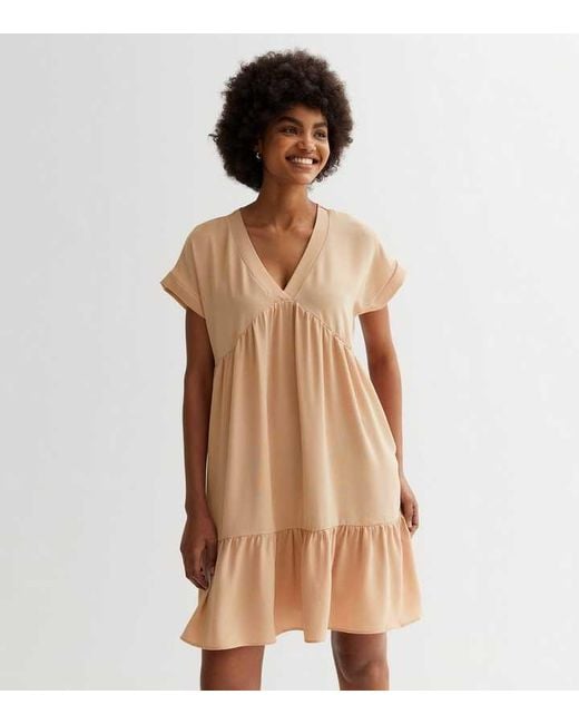Gini London Natural V-Neck Tiered Mini Smock Dress