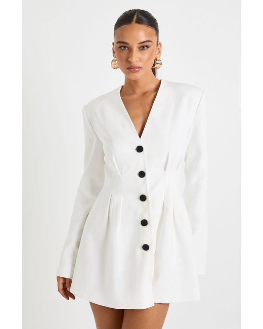Boohoo White Long Sleeve Collarless Tailored Mini Dress