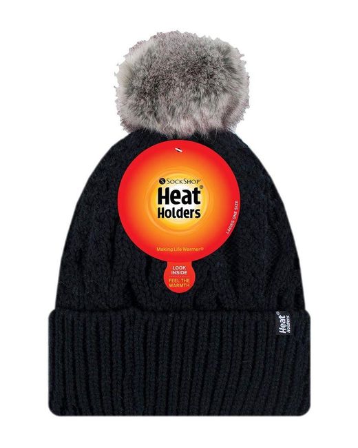 Heat Holders Black Ladies Ribbed Cuffed Pom Pom Bobble Beanie Hat With Fleece Lining