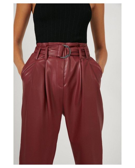 Warehouse Red Belted Faux Leather Peg Trousers