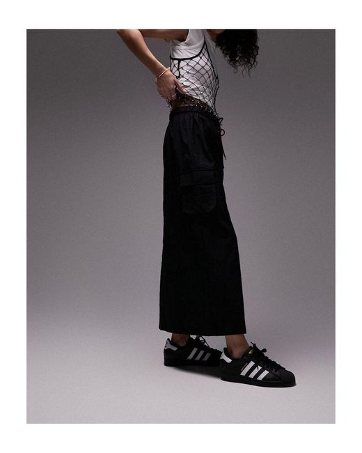 TOPSHOP Black Elasticated Waist Nylon Midi Skirt With Pockets