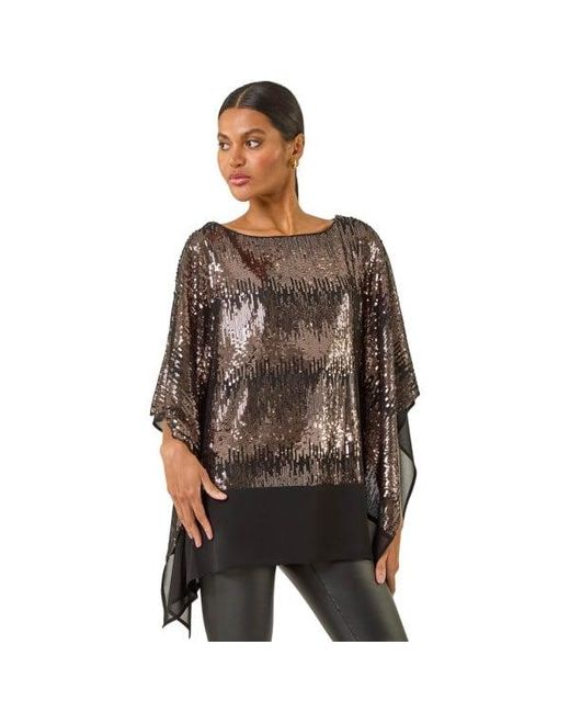 Roman Brown Ombre Sequin Mesh Chiffon Top