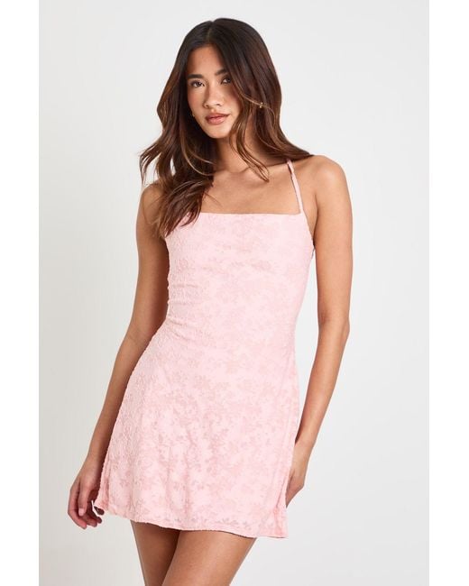 Boohoo Pink Burnout Floral Lace Up Back Detail A Line Dress